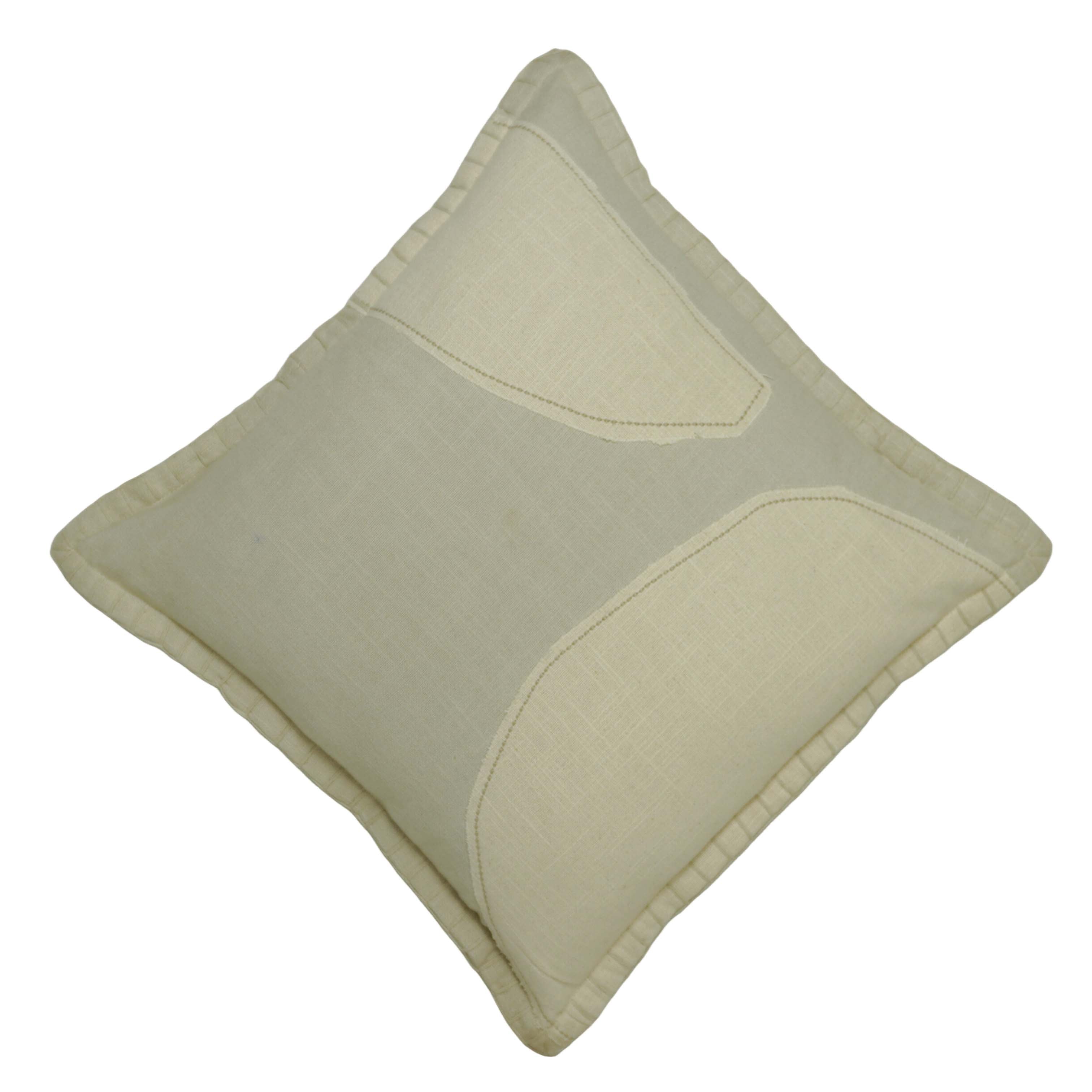 Handcrafted Patchwork Embroidered Cotton Cushion Cover 45x45 cm | Beige Abstract Appliqué Decorative Throw Pillow Cover | Hidden Zip | 18x18 Inch