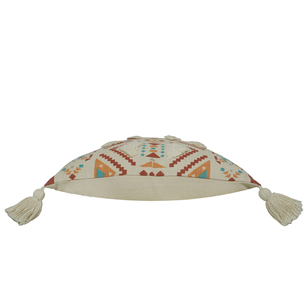 Printed & Tufted Cotton Cushion Cover 45x45 cm | Geometric Boho Decorative Throw Pillow Cover with Tassels | Concealed Zip | Beige Multi