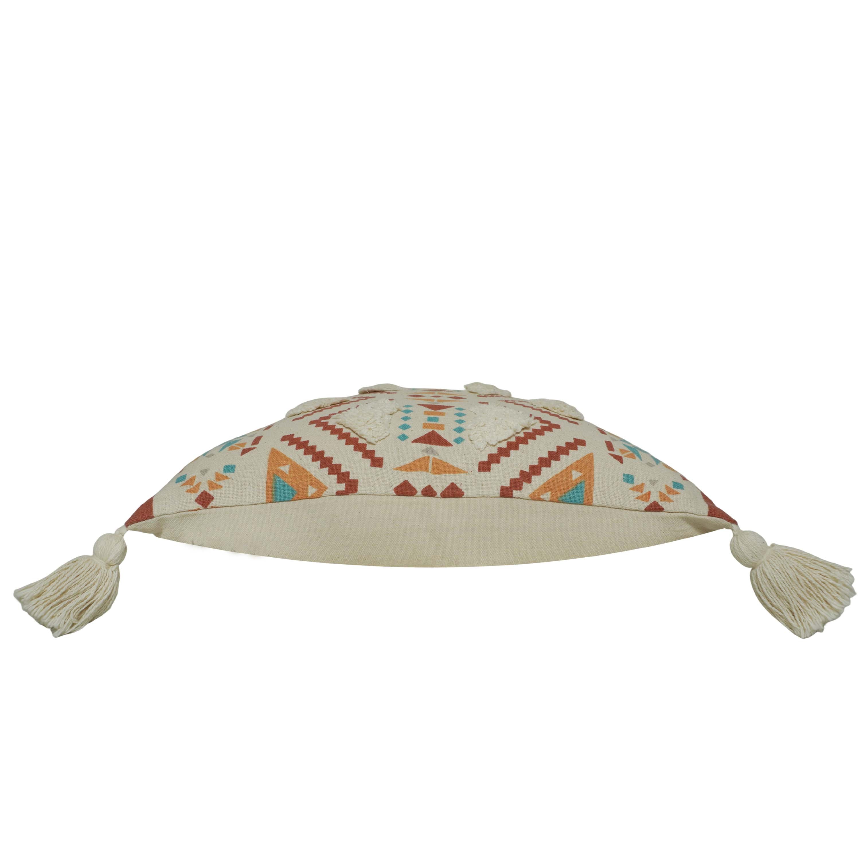 Printed & Tufted Cotton Cushion Cover 45x45 cm | Geometric Boho Decorative Throw Pillow Cover with Tassels | Concealed Zip | Beige Multi