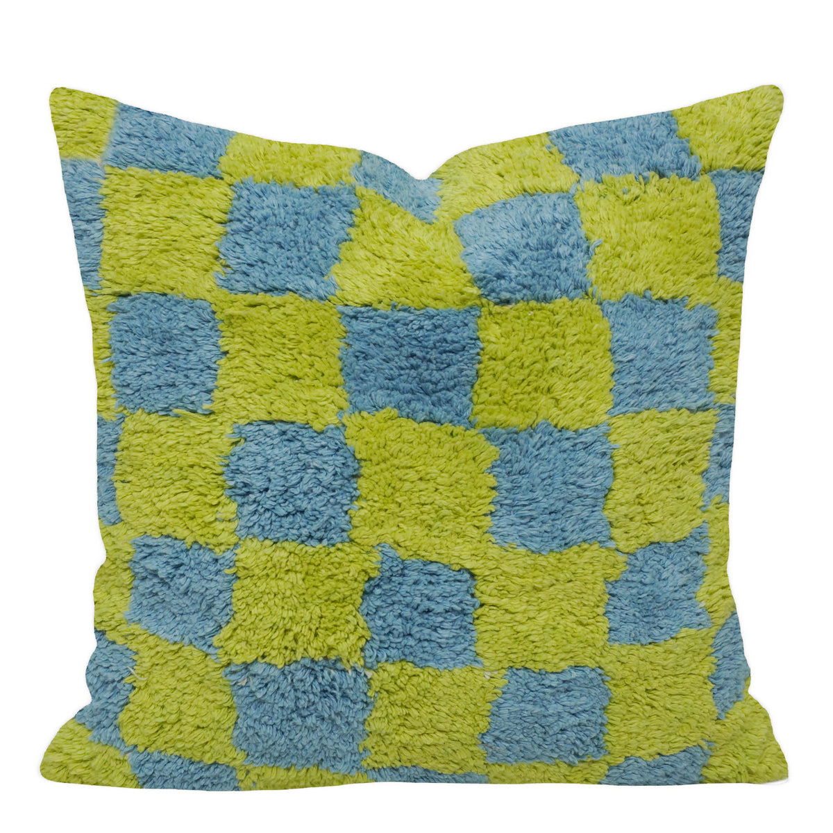 Hand Tufted Cushion Cover 45x45 cm – Blue & Lime Green Abstract Checkerboard Textured Design