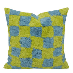 Hand Tufted Cushion Cover 45x45 cm – Blue & Lime Green Abstract Checkerboard Textured Design