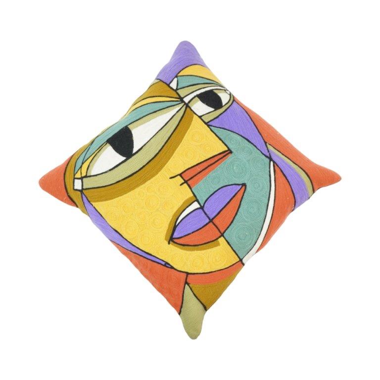 Abstract Face Embroidered Cushion Cover – Modern Artistic Cotton Pillow Cover 45x45 cm - Bulk manufacturer & supplier from Panipat, India