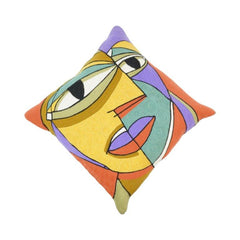 Abstract Face Embroidered Cushion Cover – Modern Artistic Cotton Pillow Cover 45x45 cm