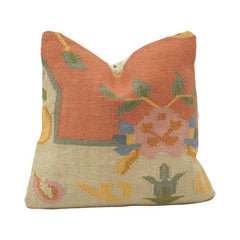 Handwoven Cotton Cushion Cover 45x45 cm | Floral Kilim Inspired Decorative Pillow Cover | Artisan Woven Boho Cushion