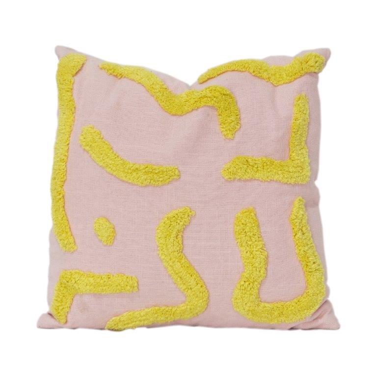 Abstract Embroidered Cotton Cushion Cover – Pink Base with Textured Yellow Tufted Design | 18x18 Inch Decorative Pillow Cover