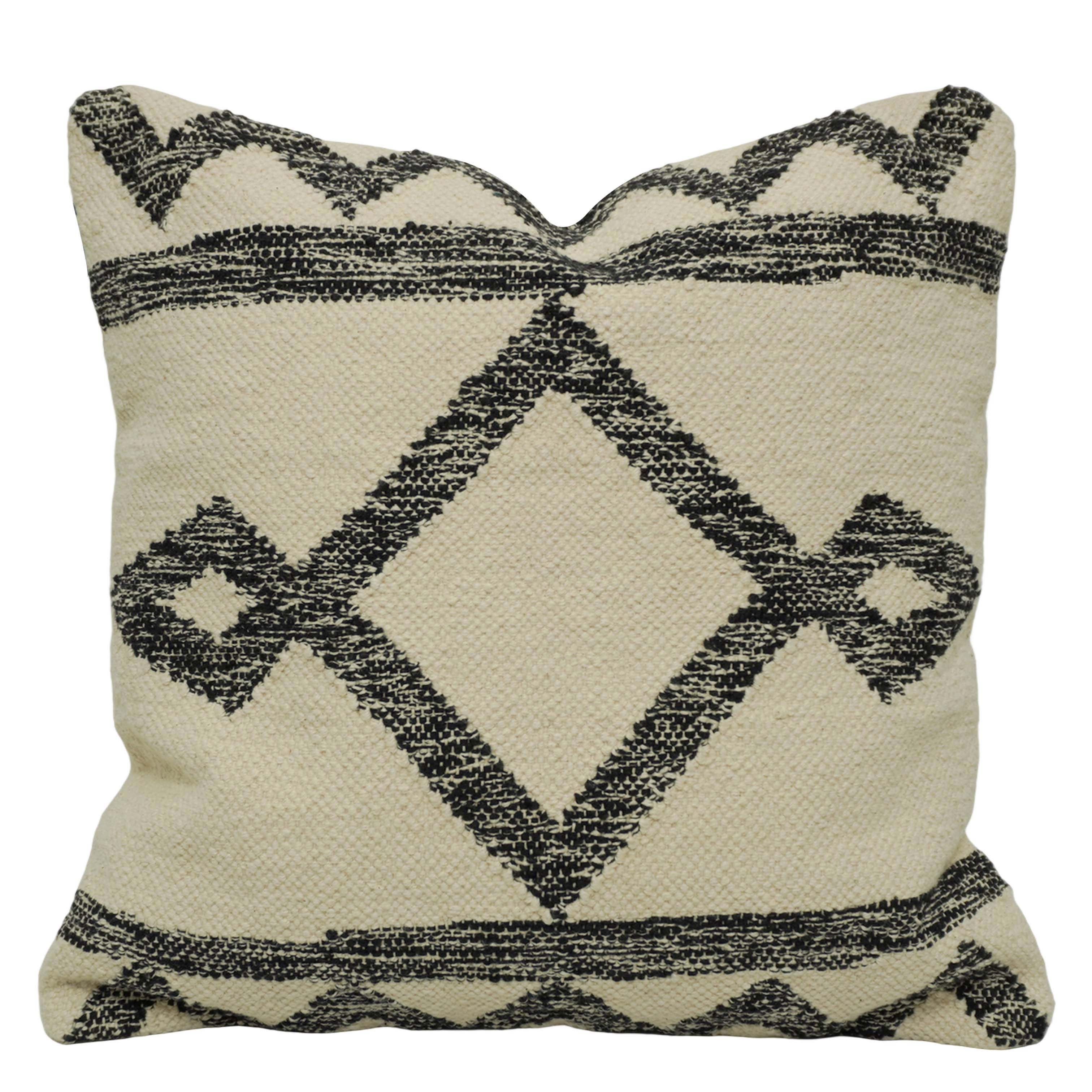 Handmade Cotton Cushion Cover 45x45 cm | Black & Ivory Geometric Woven Throw Pillow Cover | Boho Tribal Decorative Cushion Cover with Hidden Zipper