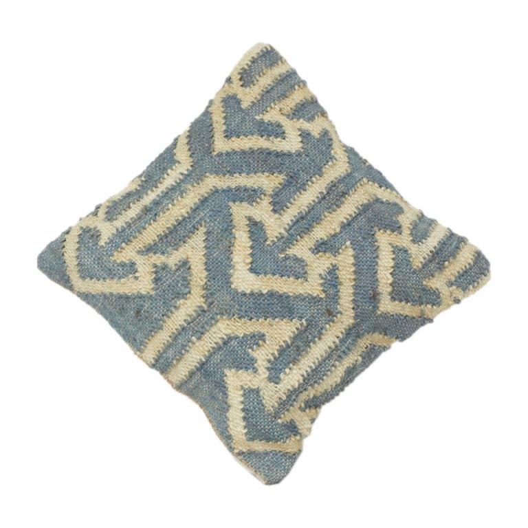 Handwoven Jute Cushion Cover with Geometric Tribal Pattern | Rustic Blue & Natural | 18x18 Inch