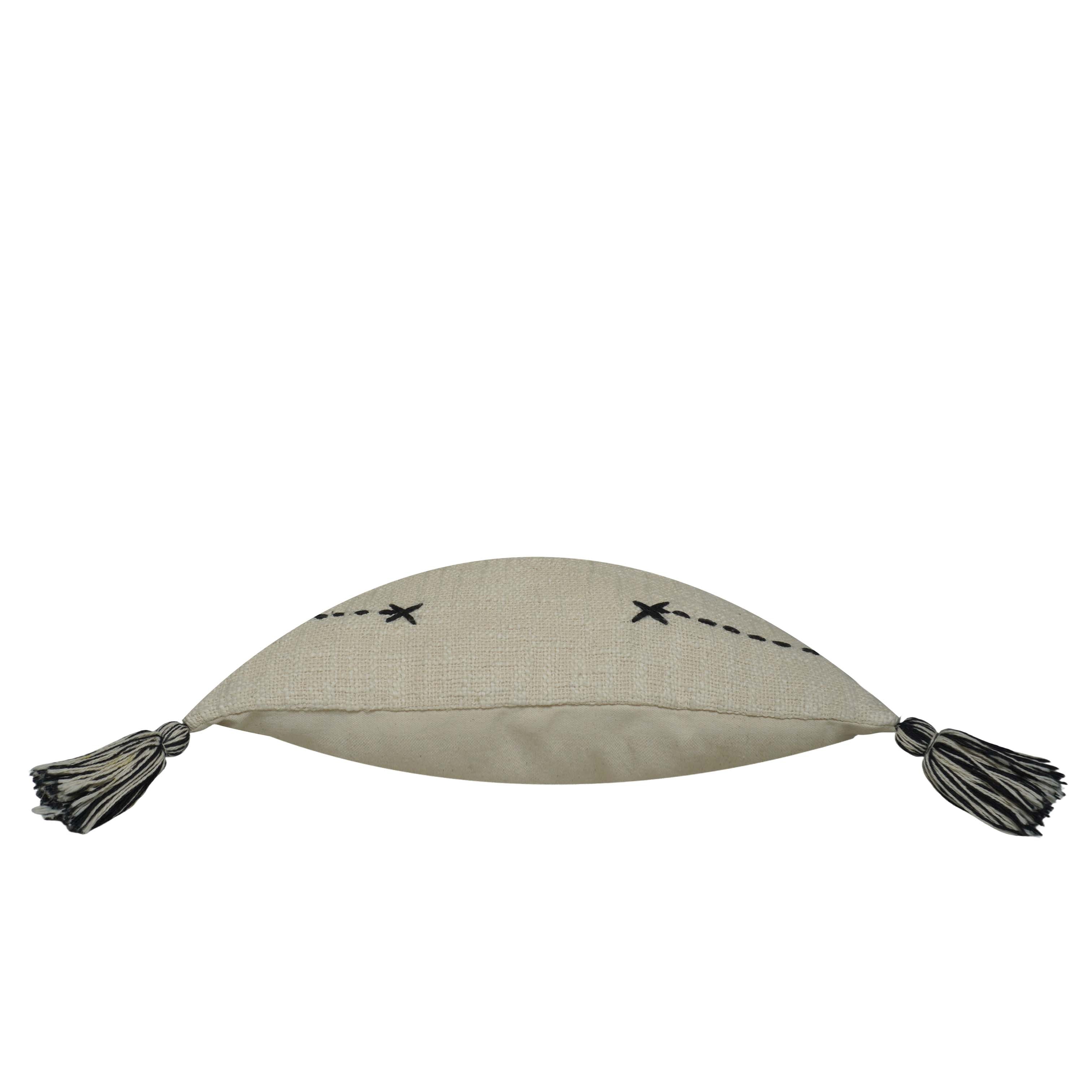 Handcrafted Embroidered Cotton Cushion Cover with Tassels | Decorative Throw Pillow Cover | 45 x 45 cm | Ivory & Black