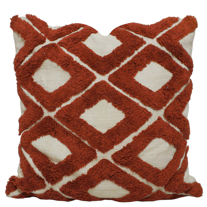 Handcrafted Tufted Geometric Cushion Cover – Rust & Ivory Textured Cotton Cushion, 45 x 45 cm