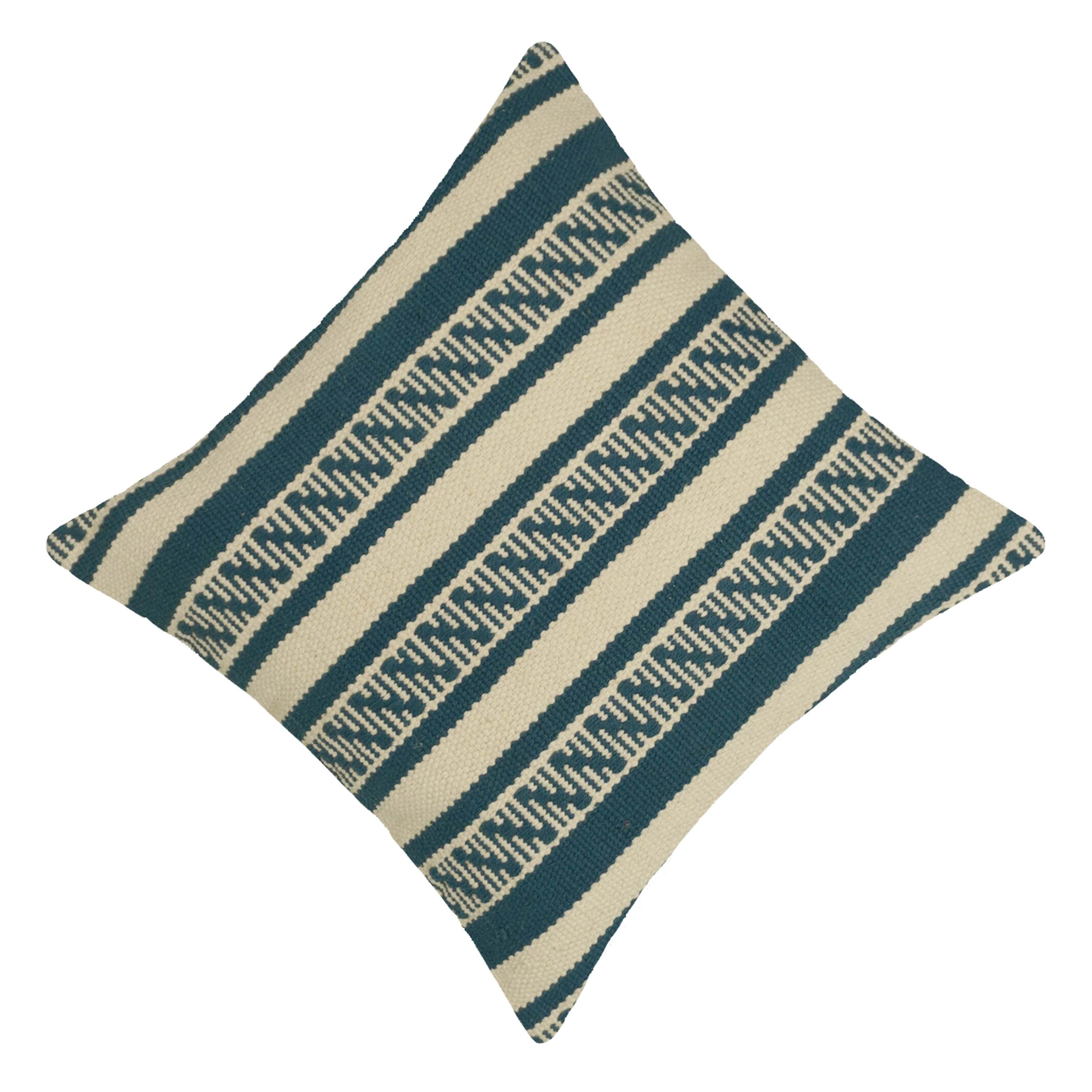 Handwoven Cotton Cushion Cover 45x45 cm | Blue & Ivory Geometric Striped Woven Cushion Cover | Decorative Throw Pillow Cover with Concealed Zipper