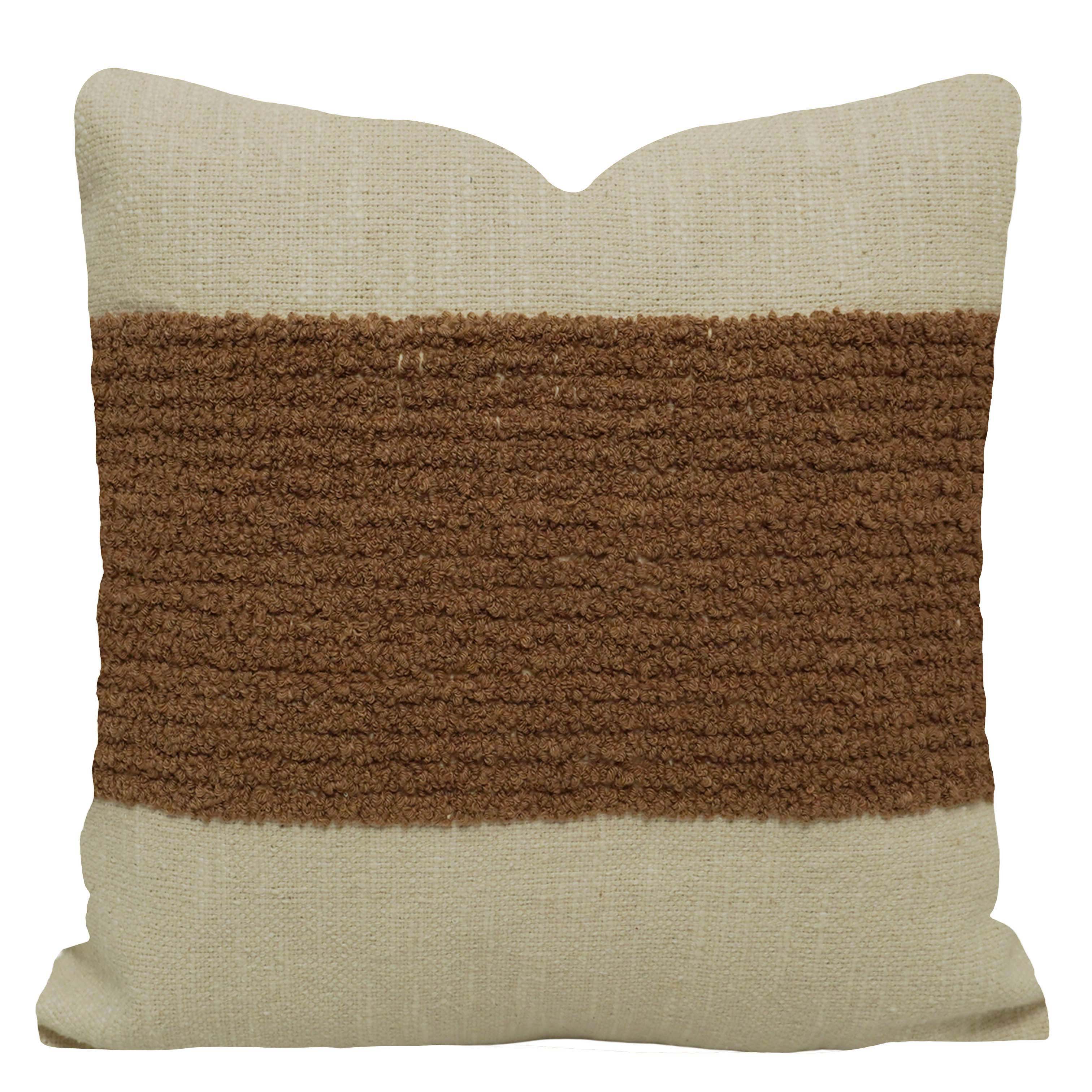 Handwoven Cotton Bouclé Stripe Cushion Cover 45x45 cm | Textured Brown & Natural Decorative Throw Pillow Cover | Hidden Zipper | Modern Boho Home Décor