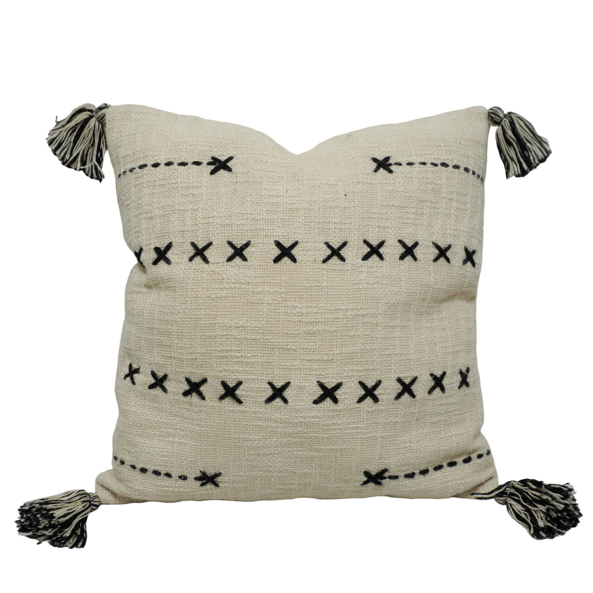 Handcrafted Embroidered Cotton Cushion Cover with Tassels | Decorative Throw Pillow Cover | 45 x 45 cm | Ivory & Black