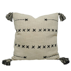 Handcrafted Embroidered Cotton Cushion Cover with Tassels | Decorative Throw Pillow Cover | 45 x 45 cm | Ivory & Black