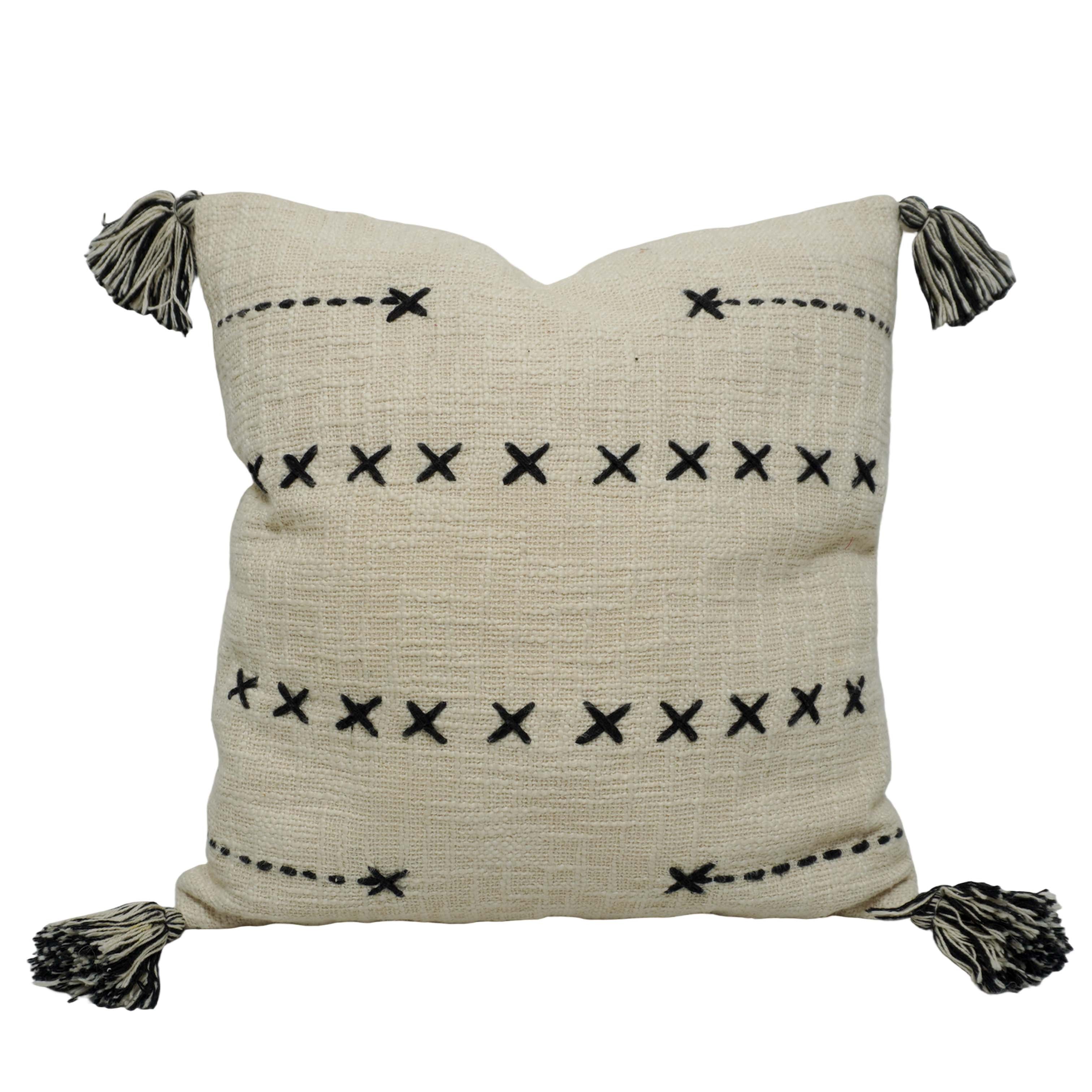 Handcrafted Embroidered Cotton Cushion Cover with Tassels | Decorative Throw Pillow Cover | 45 x 45 cm | Ivory & Black