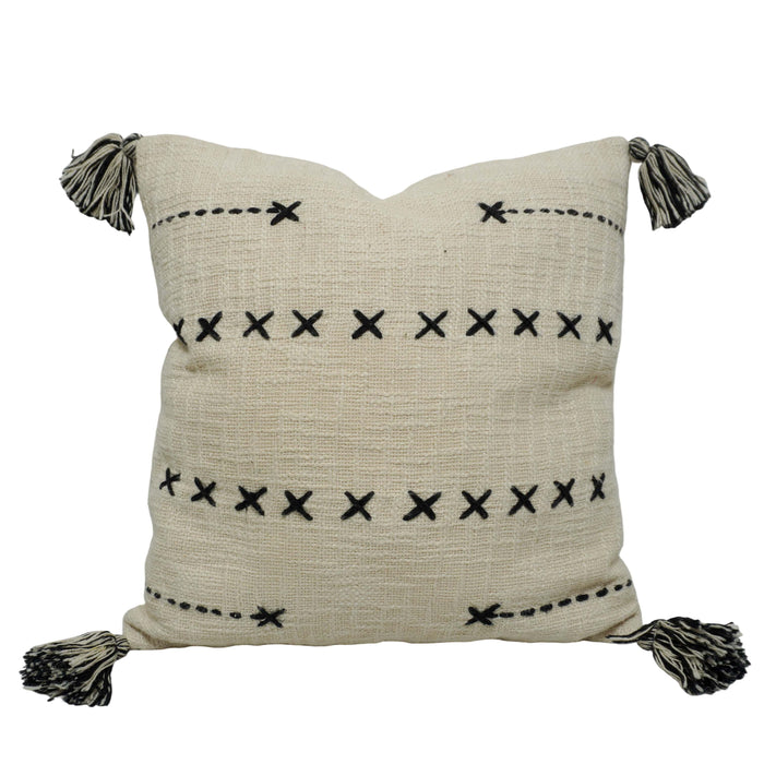 Handcrafted Embroidered Cotton Cushion Cover with Tassels | Decorative Throw Pillow Cover | 45 x 45 cm | Ivory & Black