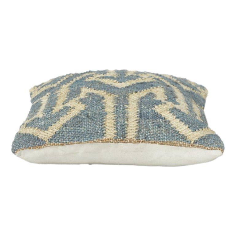 Handwoven Jute Cushion Cover with Geometric Tribal Pattern | Rustic Blue & Natural | 18x18 Inch