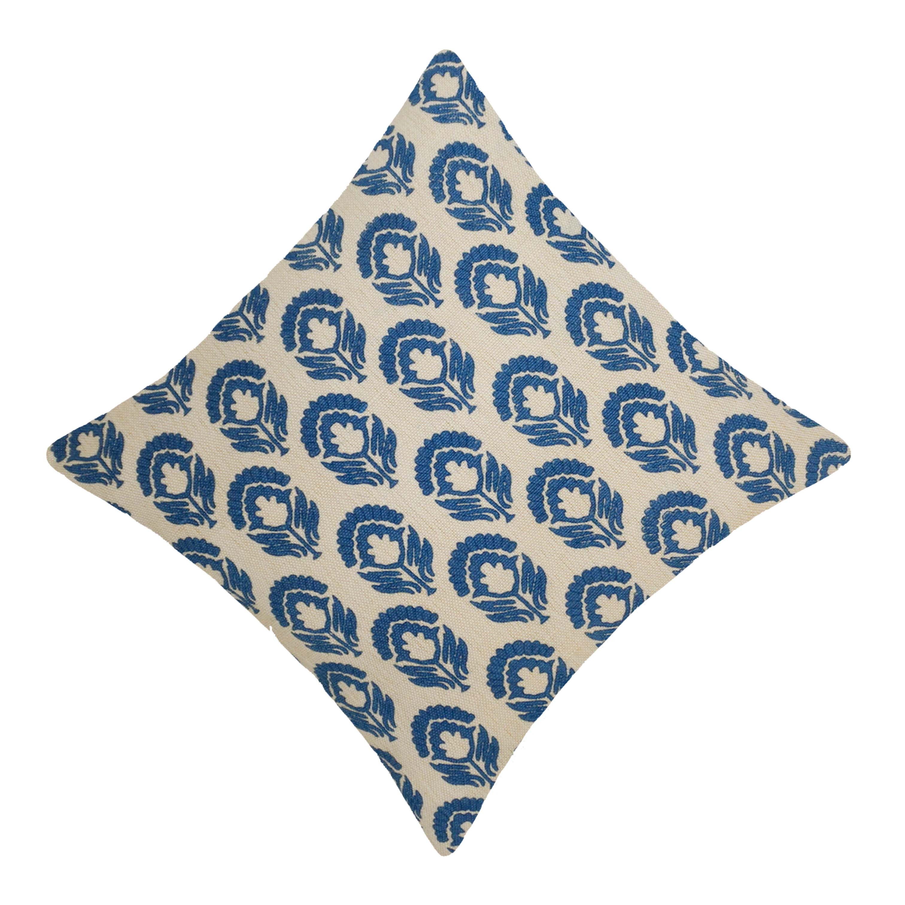 Blue Floral Block Print Cotton Cushion Cover 45x45 cm | Decorative Printed Throw Pillow Cover | Hidden Zip | 100% Cotton
