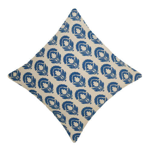 Blue Floral Block Print Cotton Cushion Cover 45x45 cm | Decorative Printed Throw Pillow Cover | Hidden Zip | 100% Cotton