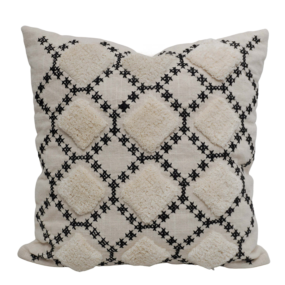 Handcrafted Embroidered & Tufted Cotton Cushion Cover 45x45 cm | Geometric Diamond Pattern | Boho Decorative Throw Pillow Cover with Hidden Zipper - Bulk manufacturer & supplier from Panipat, India