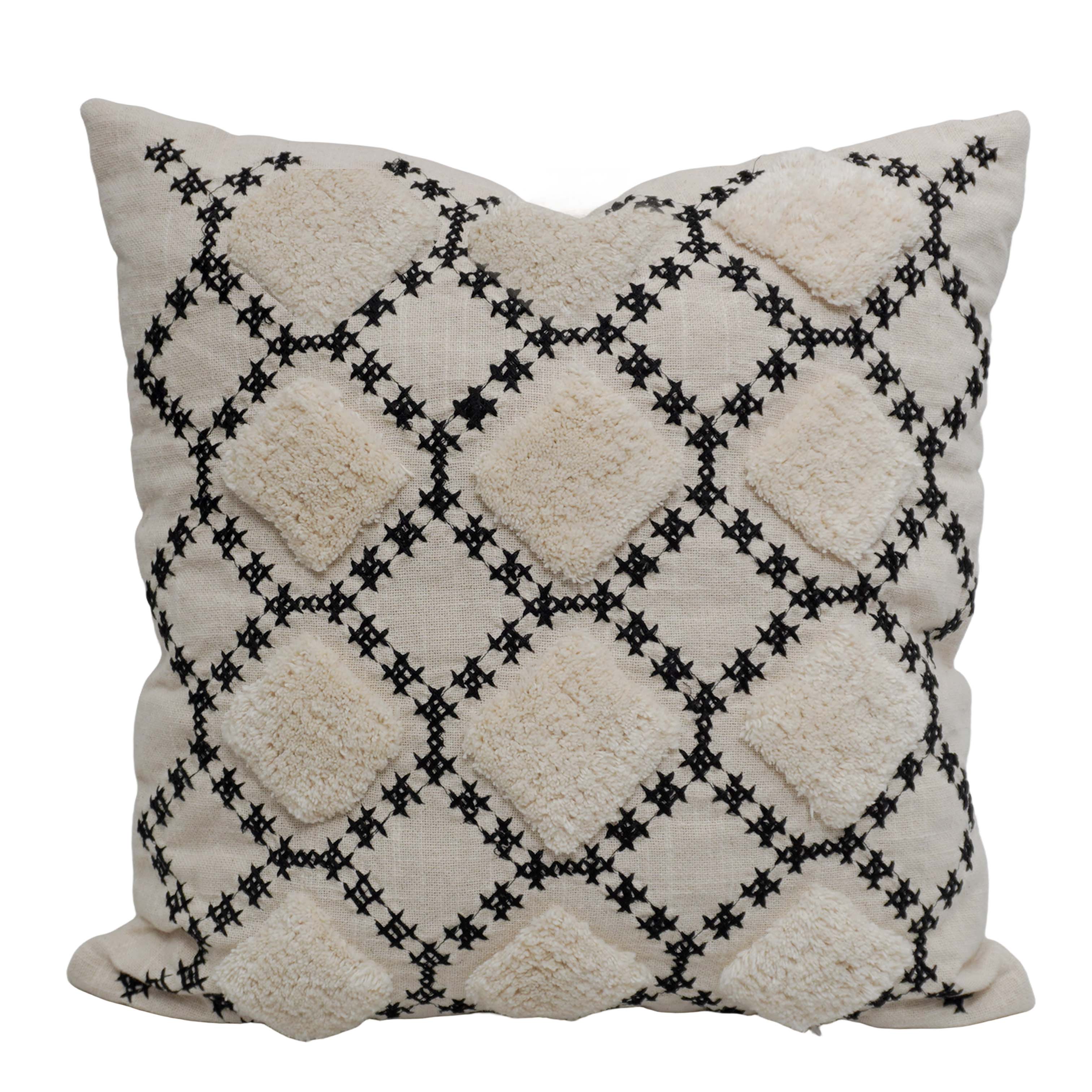 Handcrafted Embroidered & Tufted Cotton Cushion Cover 45x45 cm | Geometric Diamond Pattern | Boho Decorative Throw Pillow Cover with Hidden Zipper