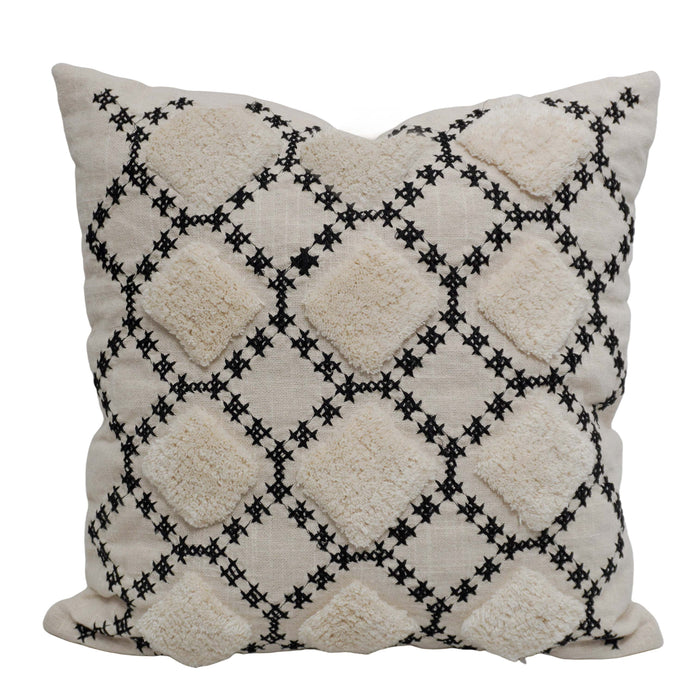 Handcrafted Embroidered & Tufted Cotton Cushion Cover 45x45 cm | Geometric Diamond Pattern | Boho Decorative Throw Pillow Cover with Hidden Zipper