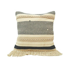 Handmade Cotton Tufted & Woven Cushion Cover 45x45 cm | Boho Black & Natural Striped Decorative Pillow Cover with Fringe