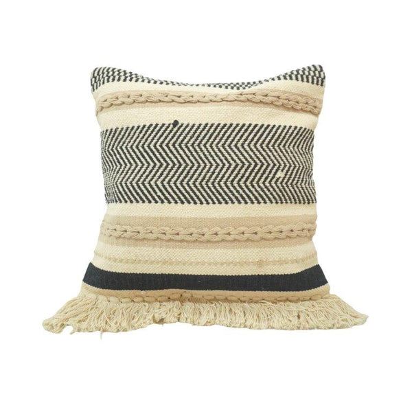 Handmade Cotton Tufted & Woven Cushion Cover 45x45 cm | Boho Black & Natural Striped Decorative Pillow Cover with Fringe
