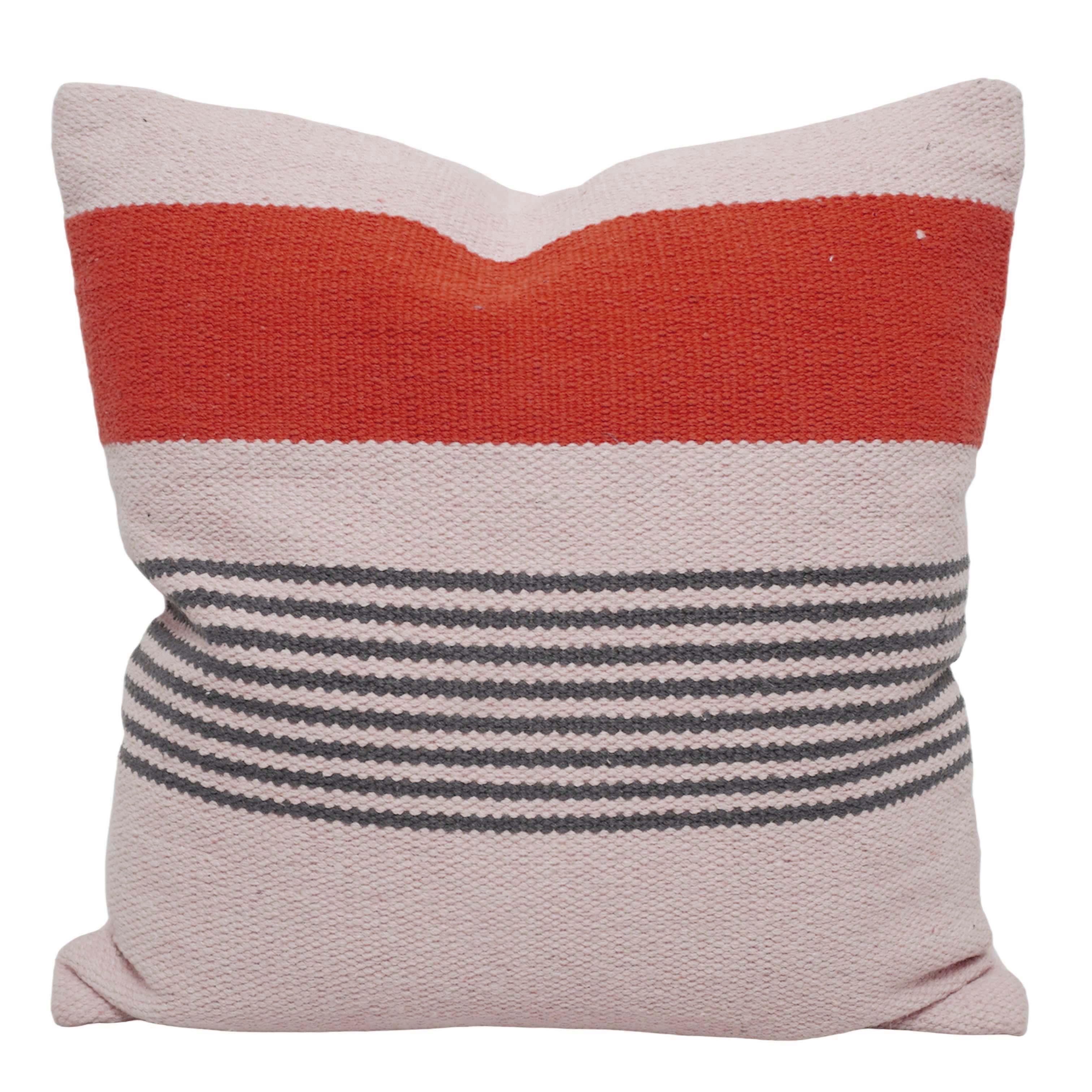 Handwoven Cotton Cushion Cover 45x45 cm | Modern Striped Woven Throw Pillow Cover | Soft Decorative Cushion Cover with Concealed Zipper | Rust, Ivory & Grey