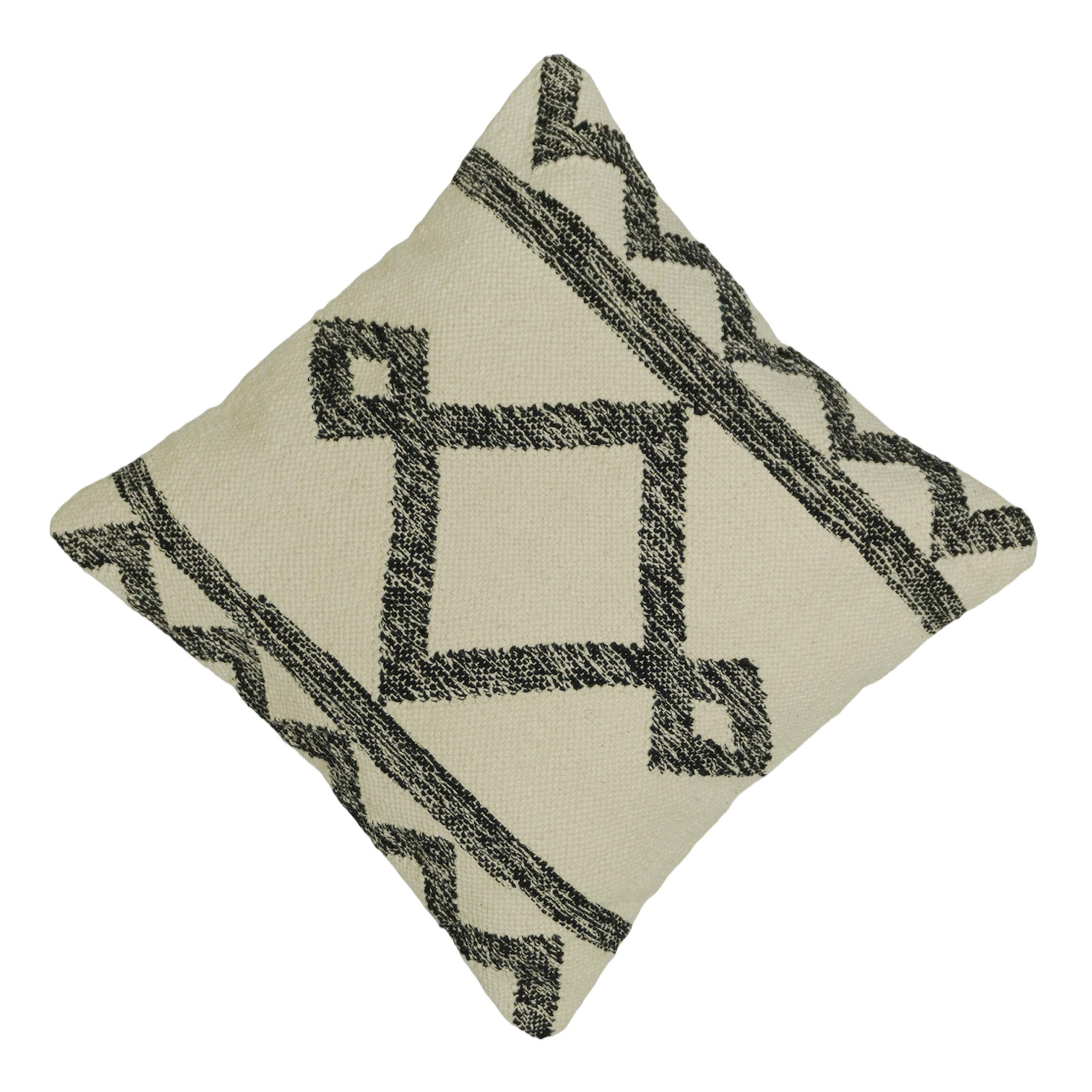 Handmade Cotton Cushion Cover 45x45 cm | Black & Ivory Geometric Woven Throw Pillow Cover | Boho Tribal Decorative Cushion Cover with Hidden Zipper