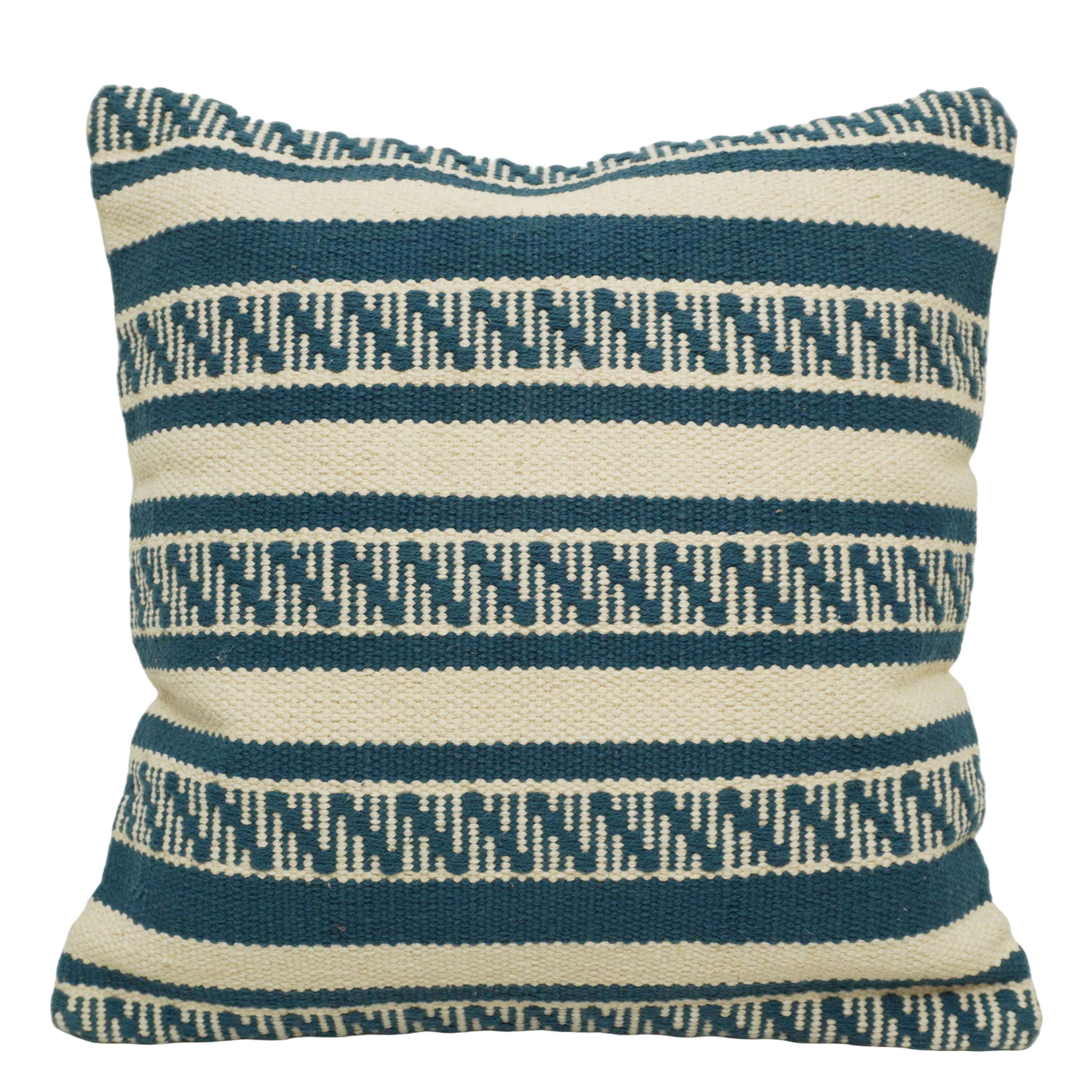 Handwoven Cotton Cushion Cover 45x45 cm | Blue & Ivory Geometric Striped Woven Cushion Cover | Decorative Throw Pillow Cover with Concealed Zipper
