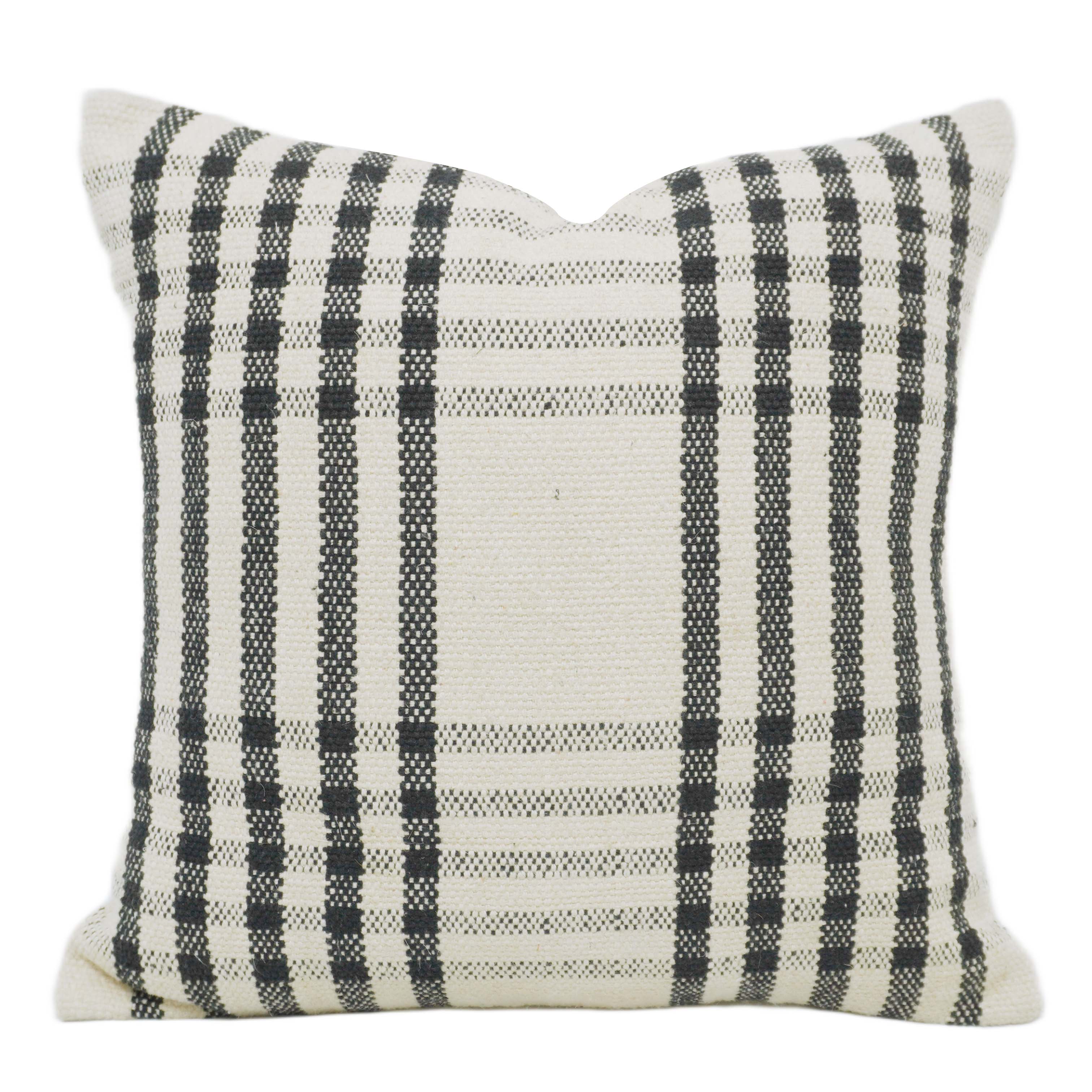 Handwoven Cotton Cushion Cover – Ivory & Charcoal Striped Design, 45 x 45 cm