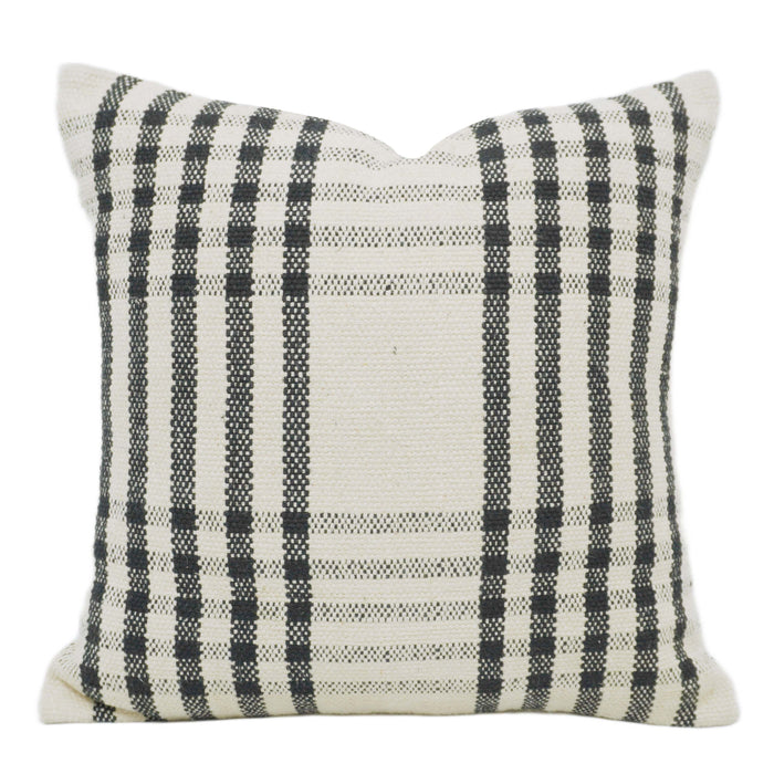 Handwoven Cotton Cushion Cover – Ivory & Charcoal Striped Design, 45 x 45 cm