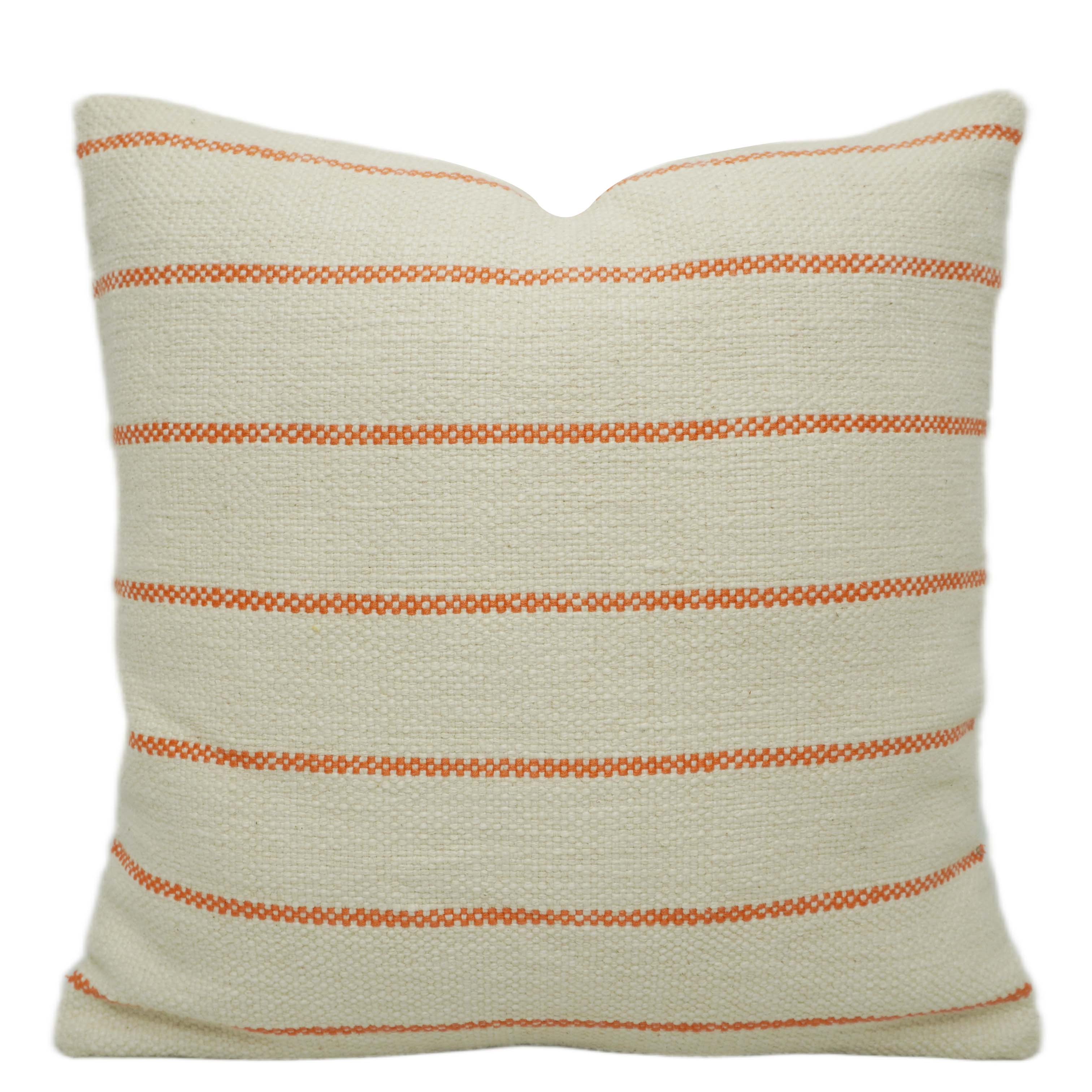 Handwoven Cotton Cushion Cover – Cream & Orange Striped 45 x 45 cm