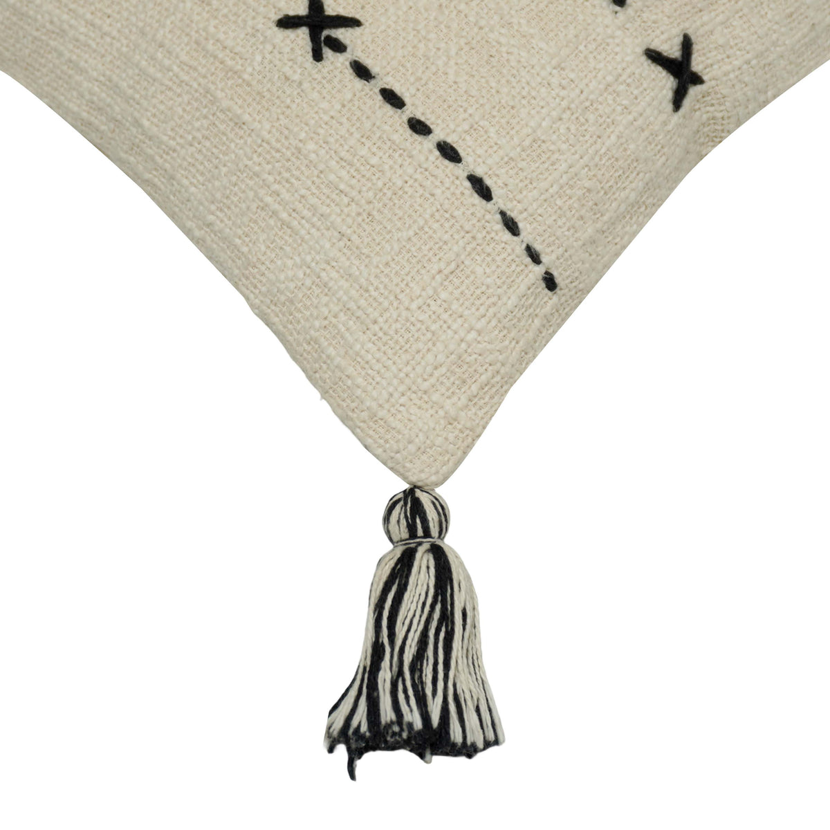 Handcrafted Embroidered Cotton Cushion Cover with Tassels | Decorative Throw Pillow Cover | 45 x 45 cm | Ivory & Black