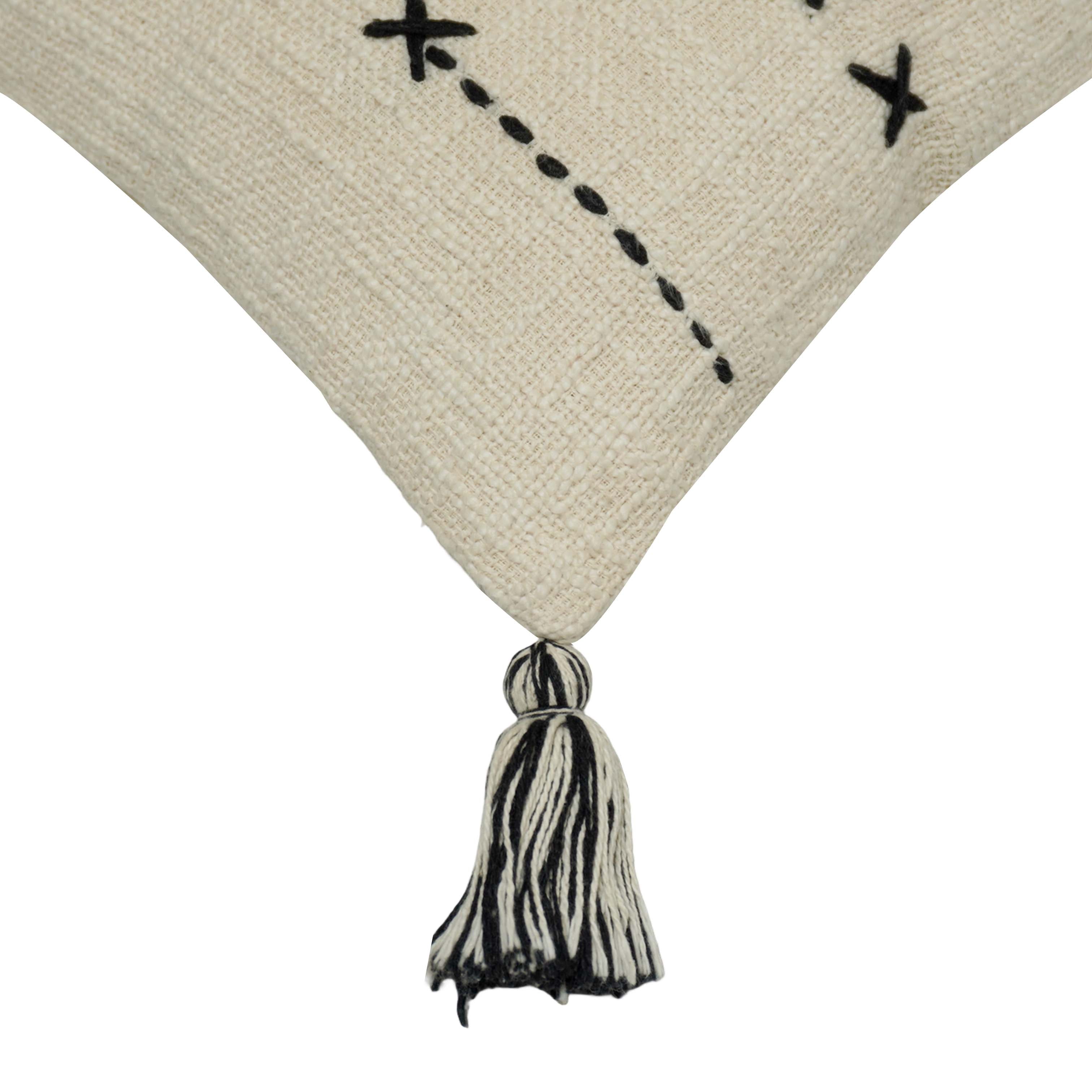 Handcrafted Embroidered Cotton Cushion Cover with Tassels | Decorative Throw Pillow Cover | 45 x 45 cm | Ivory & Black