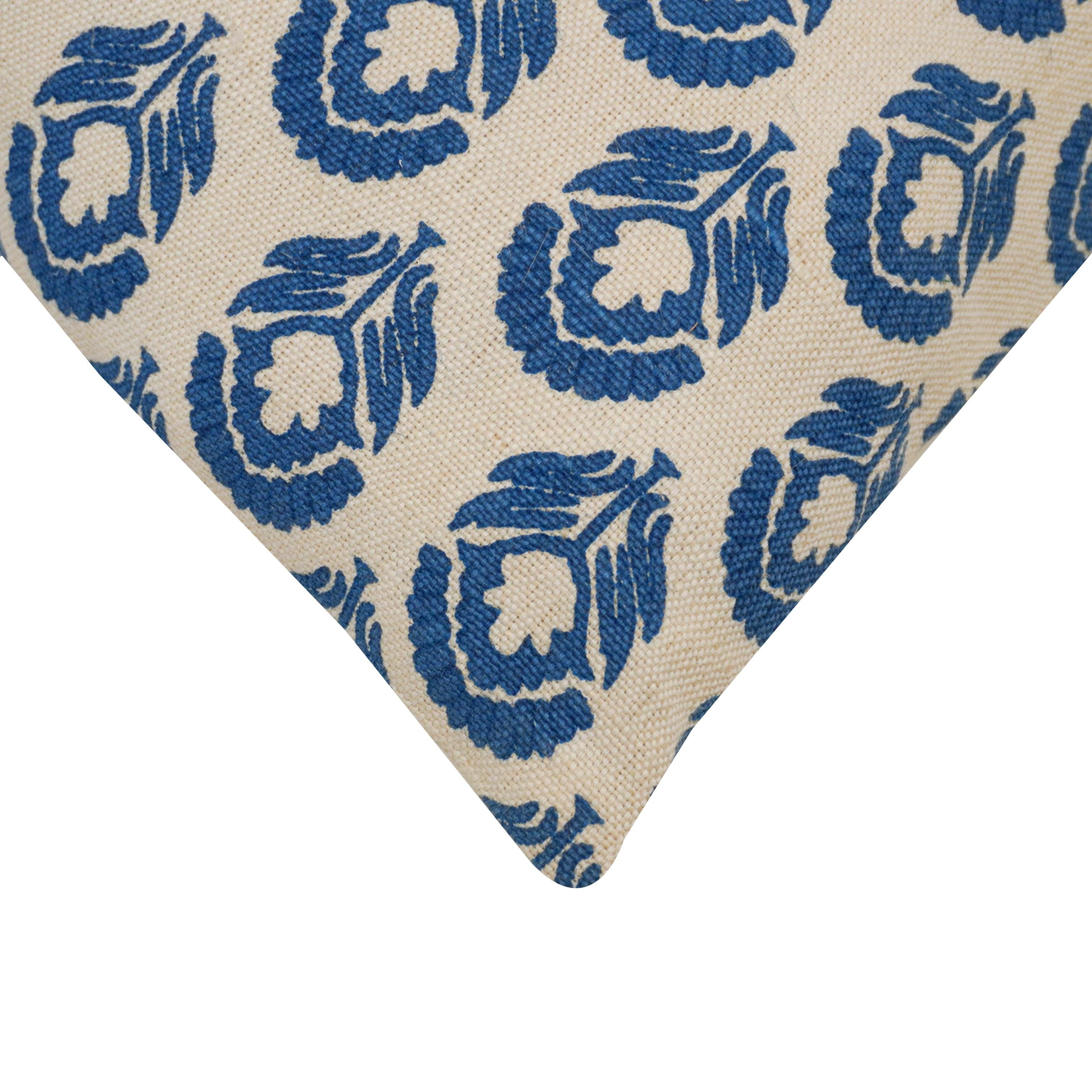 Blue Floral Block Print Cotton Cushion Cover 45x45 cm | Decorative Printed Throw Pillow Cover | Hidden Zip | 100% Cotton
