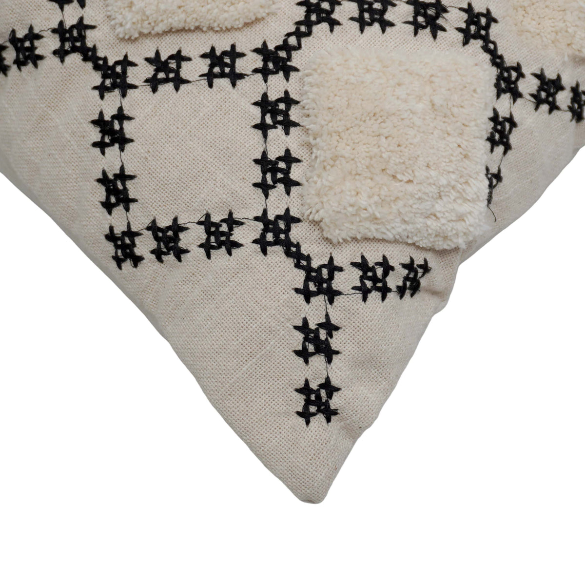 Handcrafted Embroidered & Tufted Cotton Cushion Cover 45x45 cm | Geometric Diamond Pattern | Boho Decorative Throw Pillow Cover with Hidden Zipper - Bulk manufacturer & supplier from Panipat, India