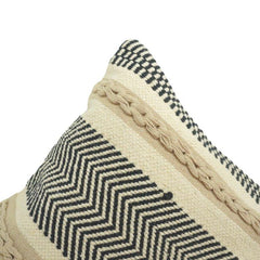 Handmade Cotton Tufted & Woven Cushion Cover 45x45 cm | Boho Black & Natural Striped Decorative Pillow Cover with Fringe