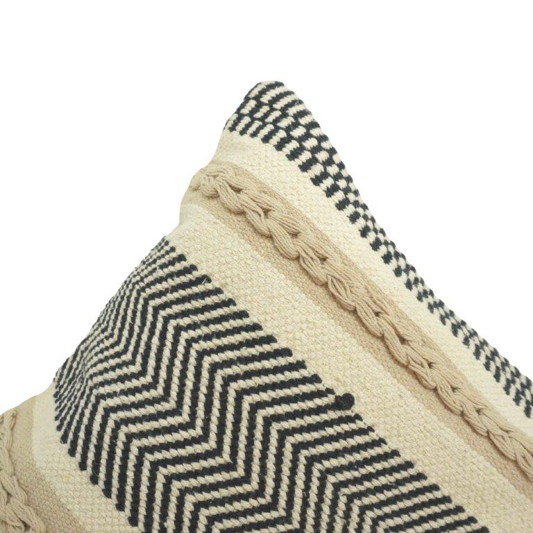 Handmade Cotton Tufted & Woven Cushion Cover 45x45 cm | Boho Black & Natural Striped Decorative Pillow Cover with Fringe