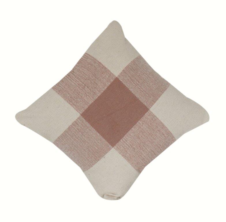 Handwoven Cotton Checkered Cushion Cover | Neutral Beige & Blush Grid Design | 18x18 Inch Decorative Pillow Case