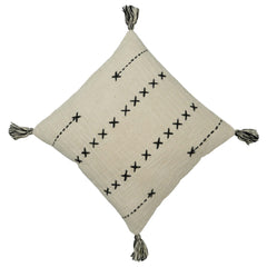 Handcrafted Embroidered Cotton Cushion Cover with Tassels | Decorative Throw Pillow Cover | 45 x 45 cm | Ivory & Black