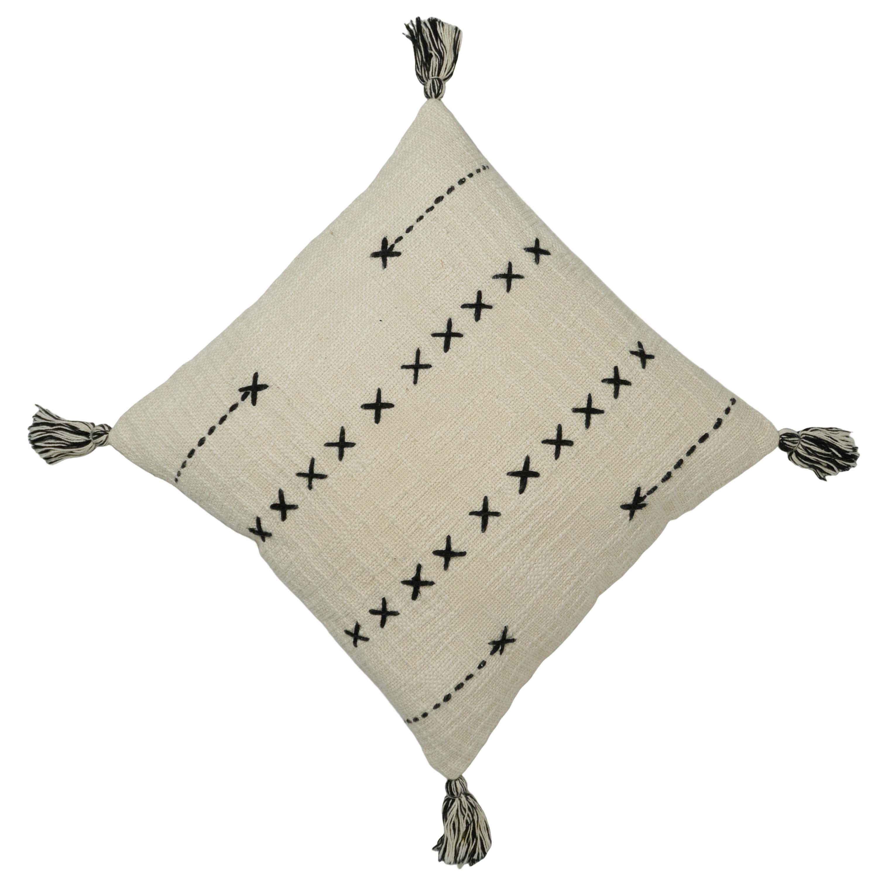 Handcrafted Embroidered Cotton Cushion Cover with Tassels | Decorative Throw Pillow Cover | 45 x 45 cm | Ivory & Black