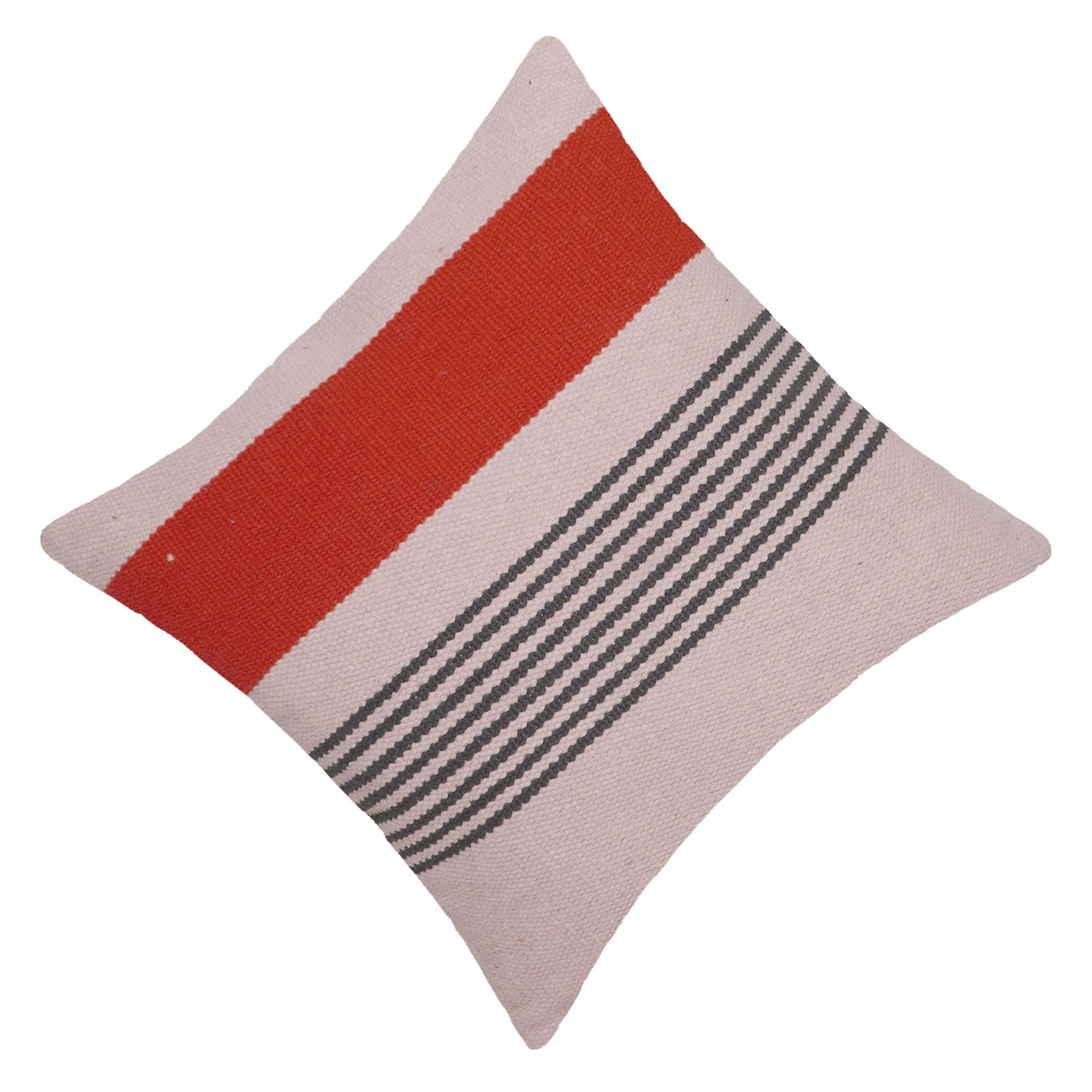 Handwoven Cotton Cushion Cover 45x45 cm | Modern Striped Woven Throw Pillow Cover | Soft Decorative Cushion Cover with Concealed Zipper | Rust, Ivory & Grey
