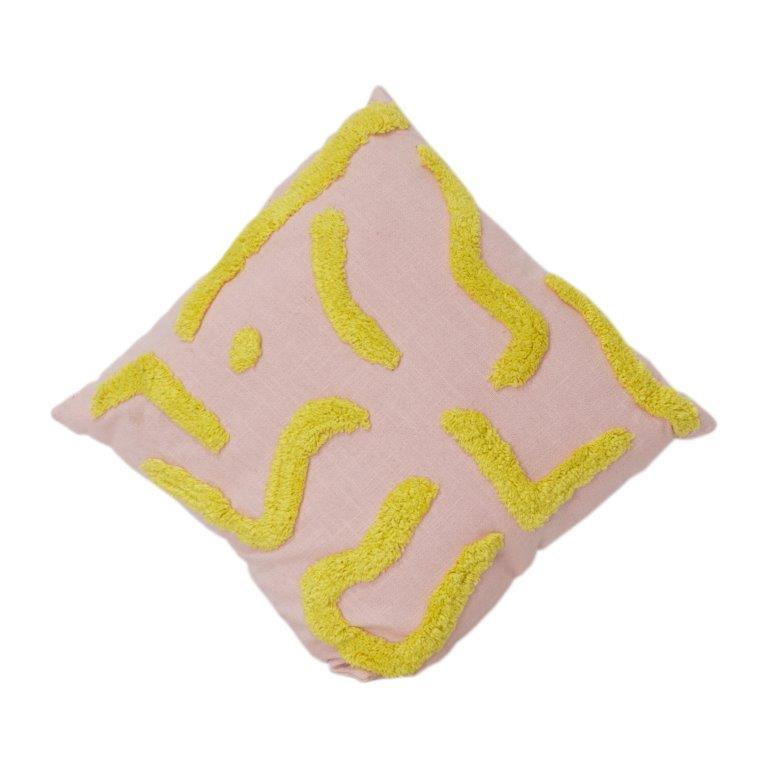 Abstract Embroidered Cotton Cushion Cover – Pink Base with Textured Yellow Tufted Design | 18x18 Inch Decorative Pillow Cover