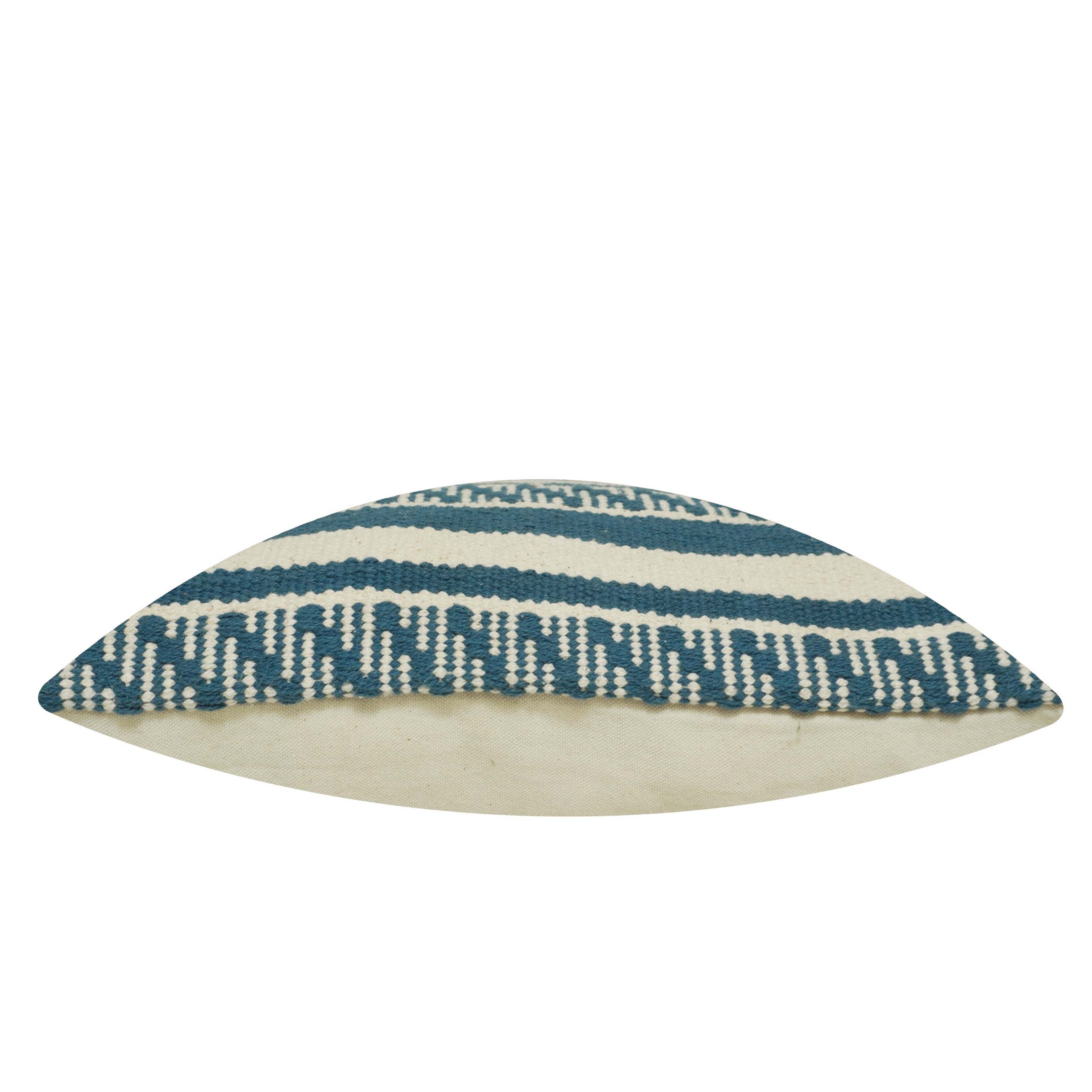 Handwoven Cotton Cushion Cover 45x45 cm | Blue & Ivory Geometric Striped Woven Cushion Cover | Decorative Throw Pillow Cover with Concealed Zipper
