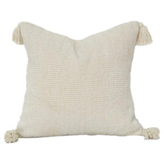 Minimalist Off-White Cotton Cushion Cover with Tassels | Handwoven Textured Pillow Cover | Boho Neutral Decor | 18x18 Inch