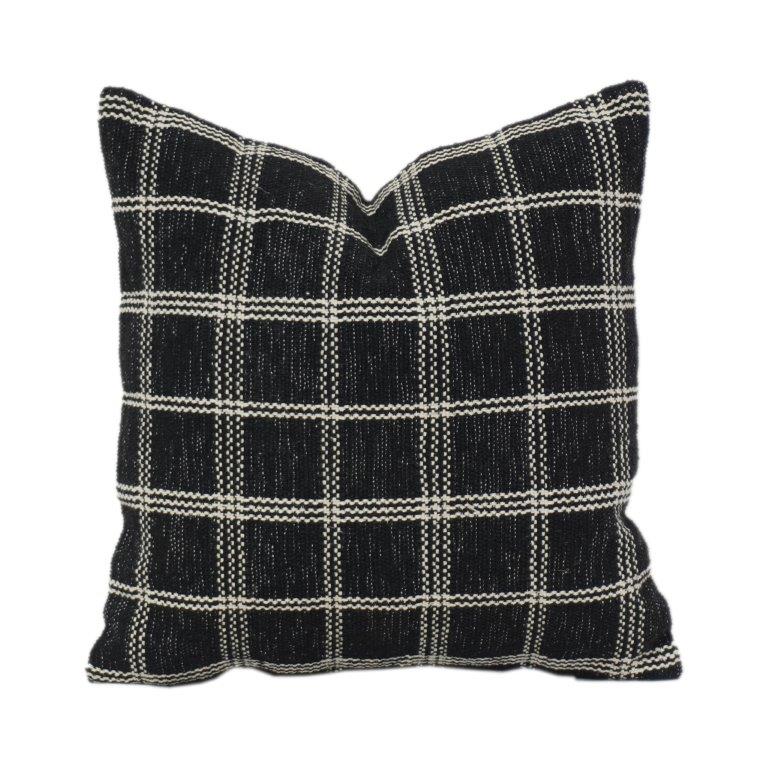 Black & Ivory Plaid Woven Cotton Cushion Cover | Textured Grid Pattern | Modern Minimalist Decor | 18x18 Inch
