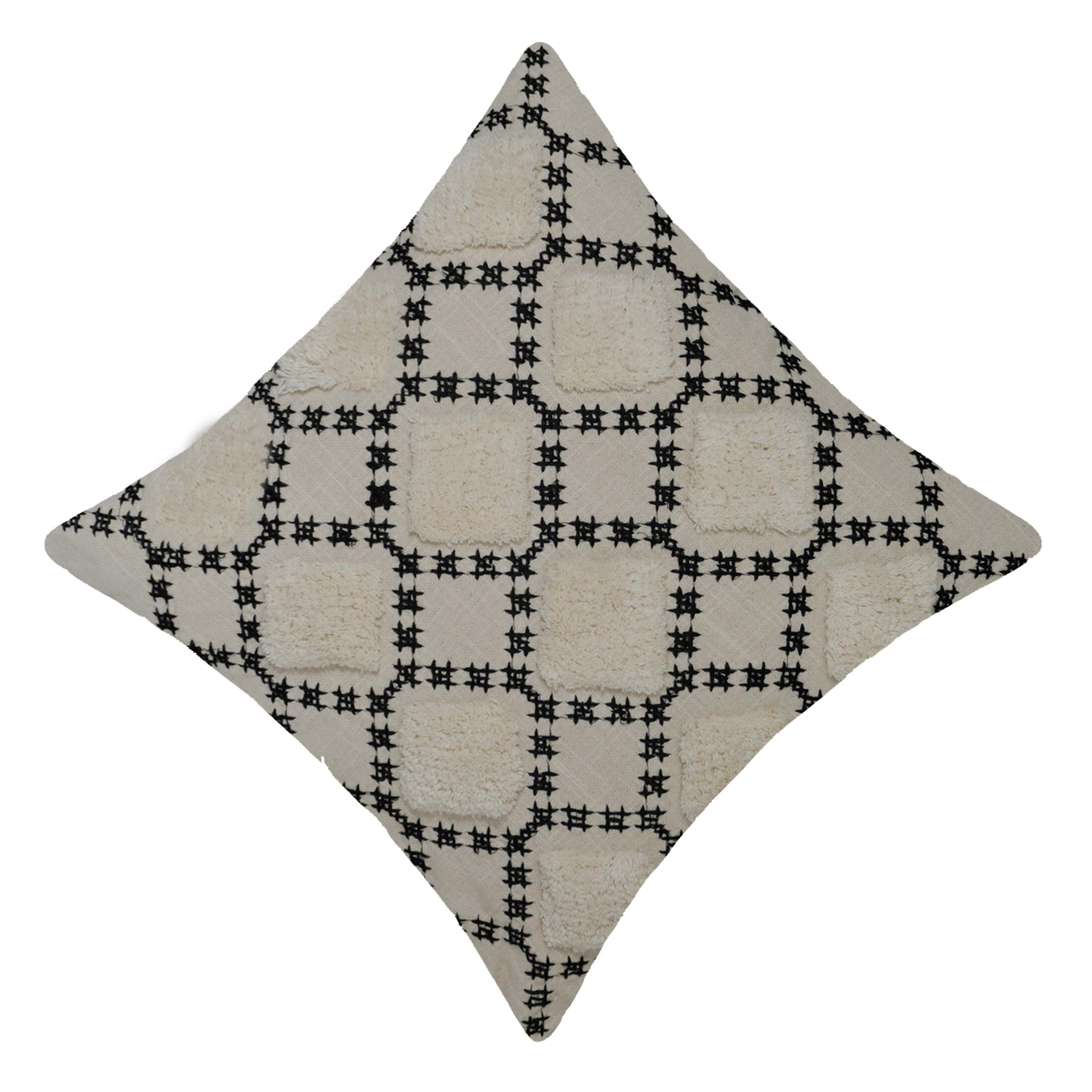 Handcrafted Embroidered & Tufted Cotton Cushion Cover 45x45 cm | Geometric Diamond Pattern | Boho Decorative Throw Pillow Cover with Hidden Zipper