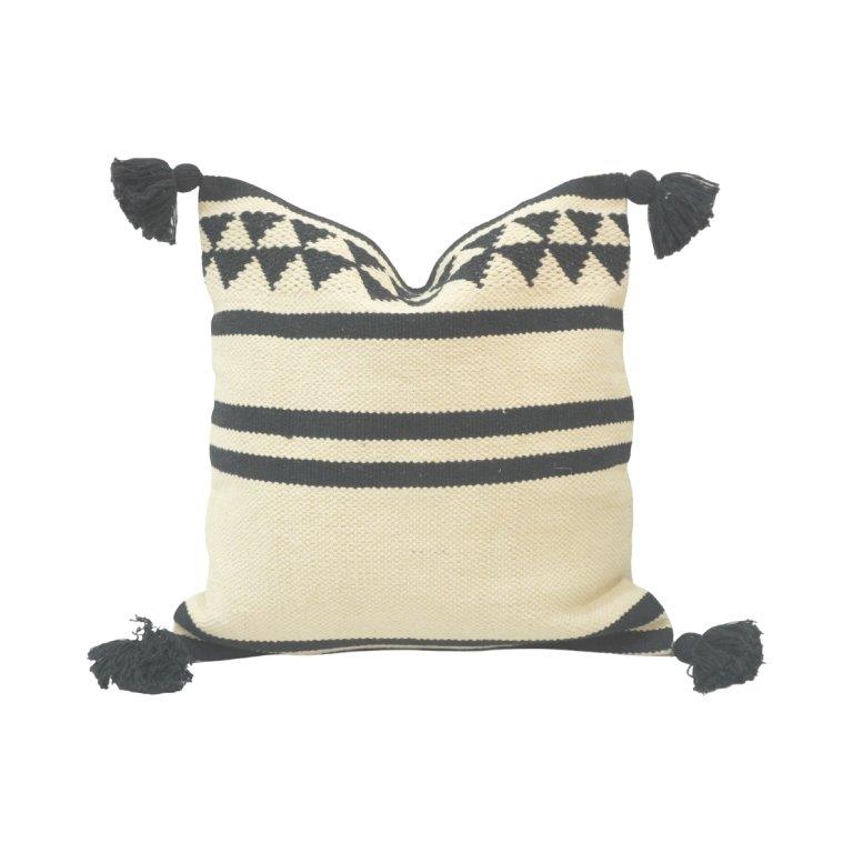 Handmade Black & Ivory Geometric Cotton Cushion Cover with Tassels | 45x45 cm Decorative Throw Pillow - Bulk manufacturer & supplier from Panipat, India