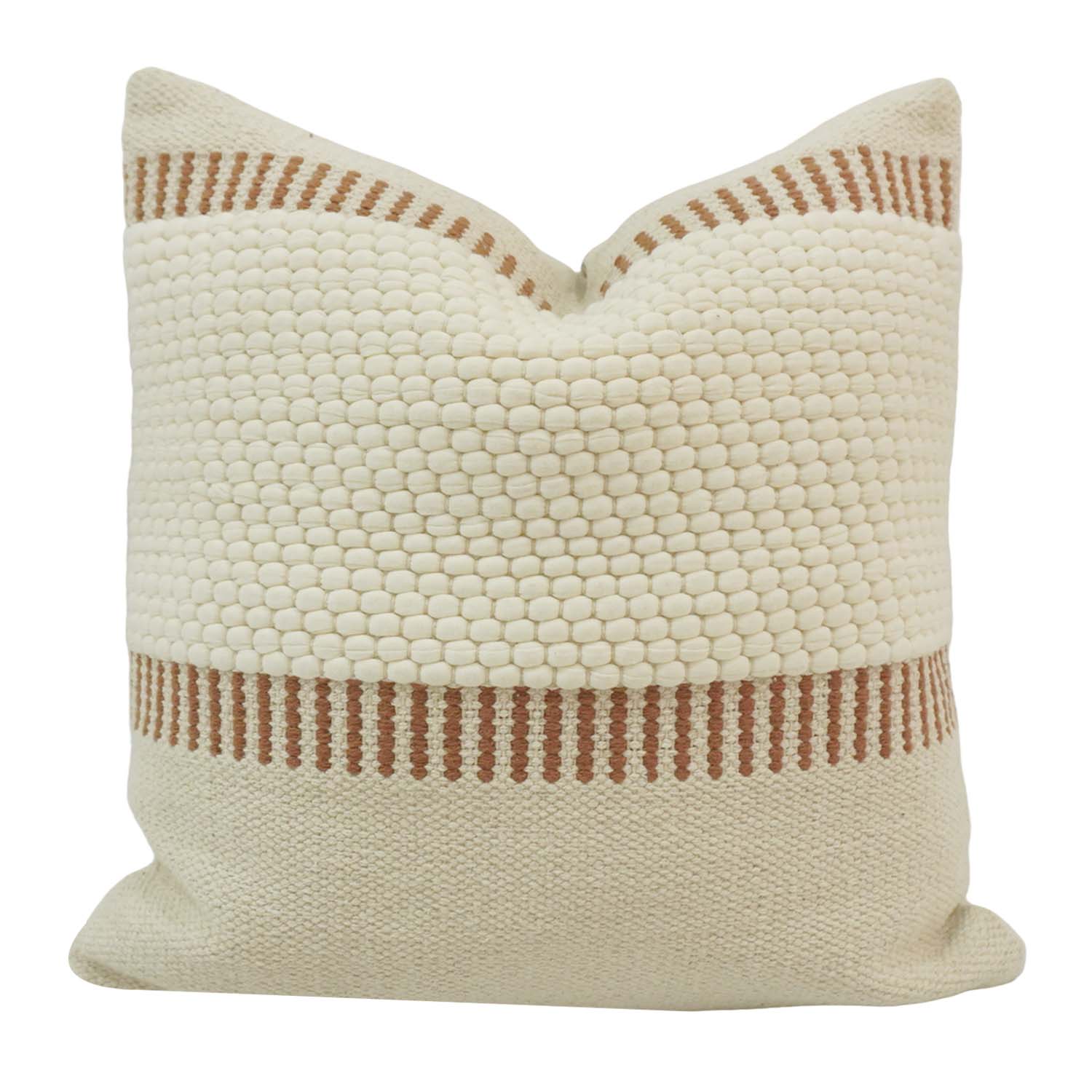 Handwoven Cotton Cushion Cover 45x45 cm | Textured Woven Boho Throw Pillow Cover | Ivory & Brown Decorative Cushion Cover with Concealed Zip